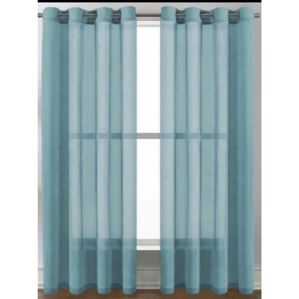 Teal Linen Blend Curtain Panels 52 x 96” Silver Grommets Sheer Curtains
